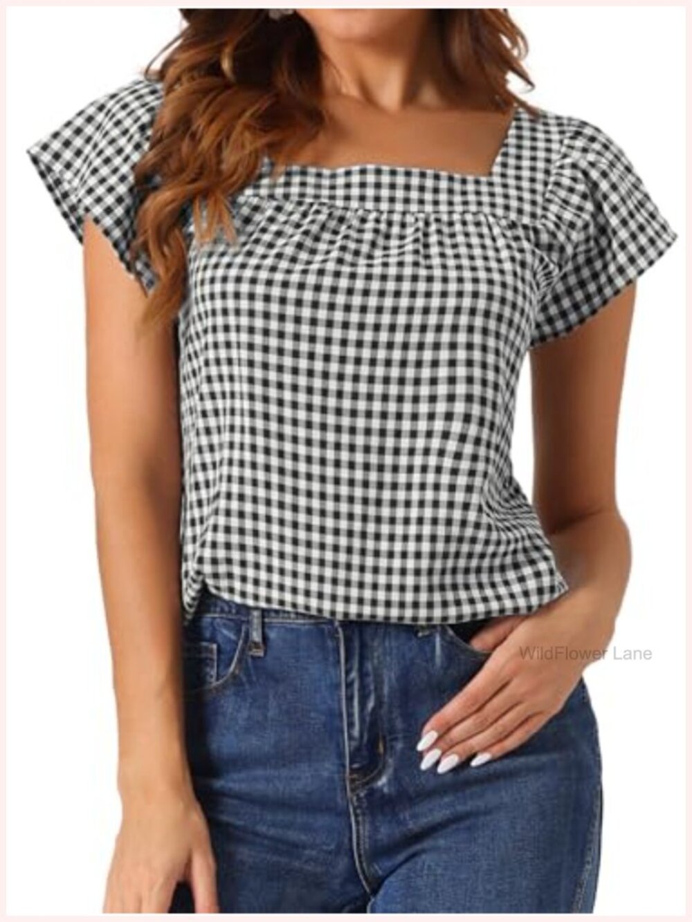 Gingham Blouse Square Neck Cap Sleeve Ruffle Trim Casual Top